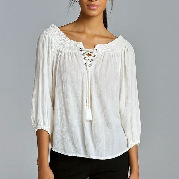 NWT LASCANA White Peasant Blouse Lace-Up Front Off-Shoulder Style Medium‎ 8/10 - Picture 10 of 10
